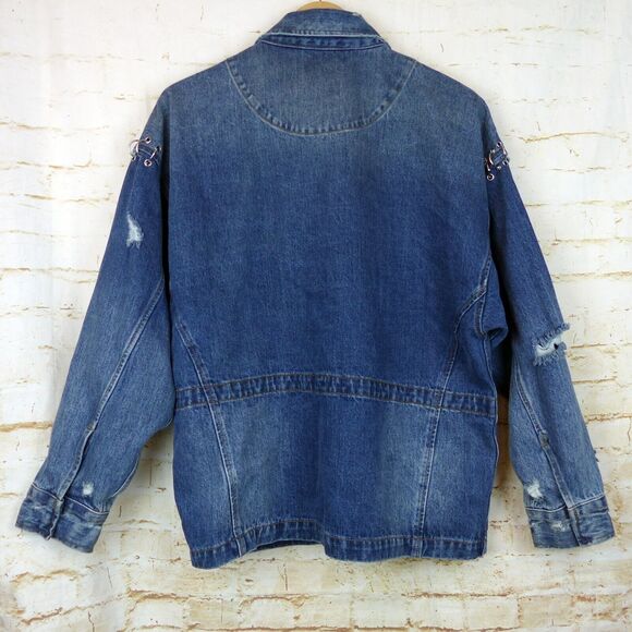 Zara Man 1975 Denim Field Jacket Men L Blue Utility Distress Embellished Grunge - Picture 2 of 14